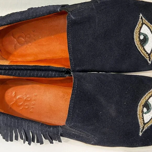 FIGUE Suede Fringe Evil Eye Slip on Shoes 7.5 Bohemian Moccasin - Picture 5 of 6